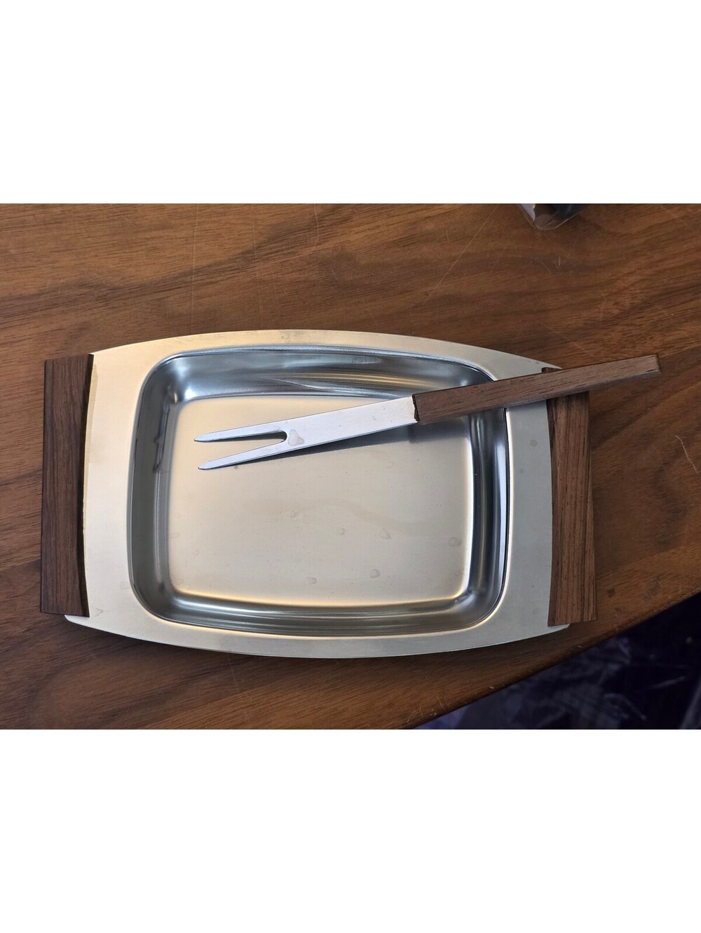 Vintage Kalmar Denmark 18/8 Stainless Steel Pickle Tray Set with Teak Handles